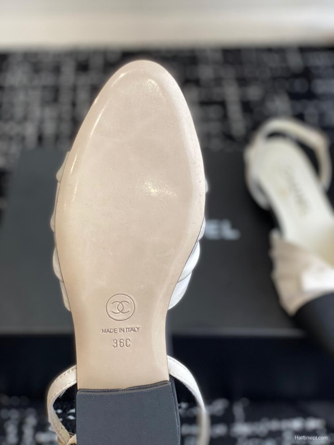 2025 Women Chanel Black Beige Silk Leather Sandals Bow KFY00289