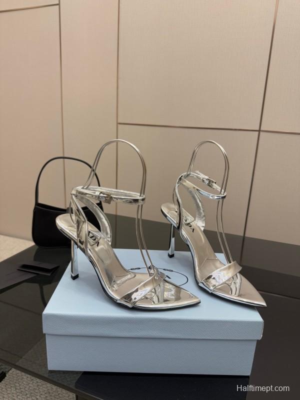 2025 Women Yves Saint Laurent Silver Leather Stiletto Sandals