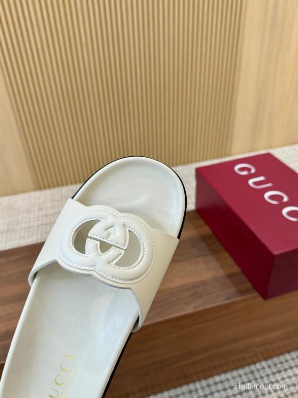 2025 Women Gucci White Leather Slippers GG Logo LY00230