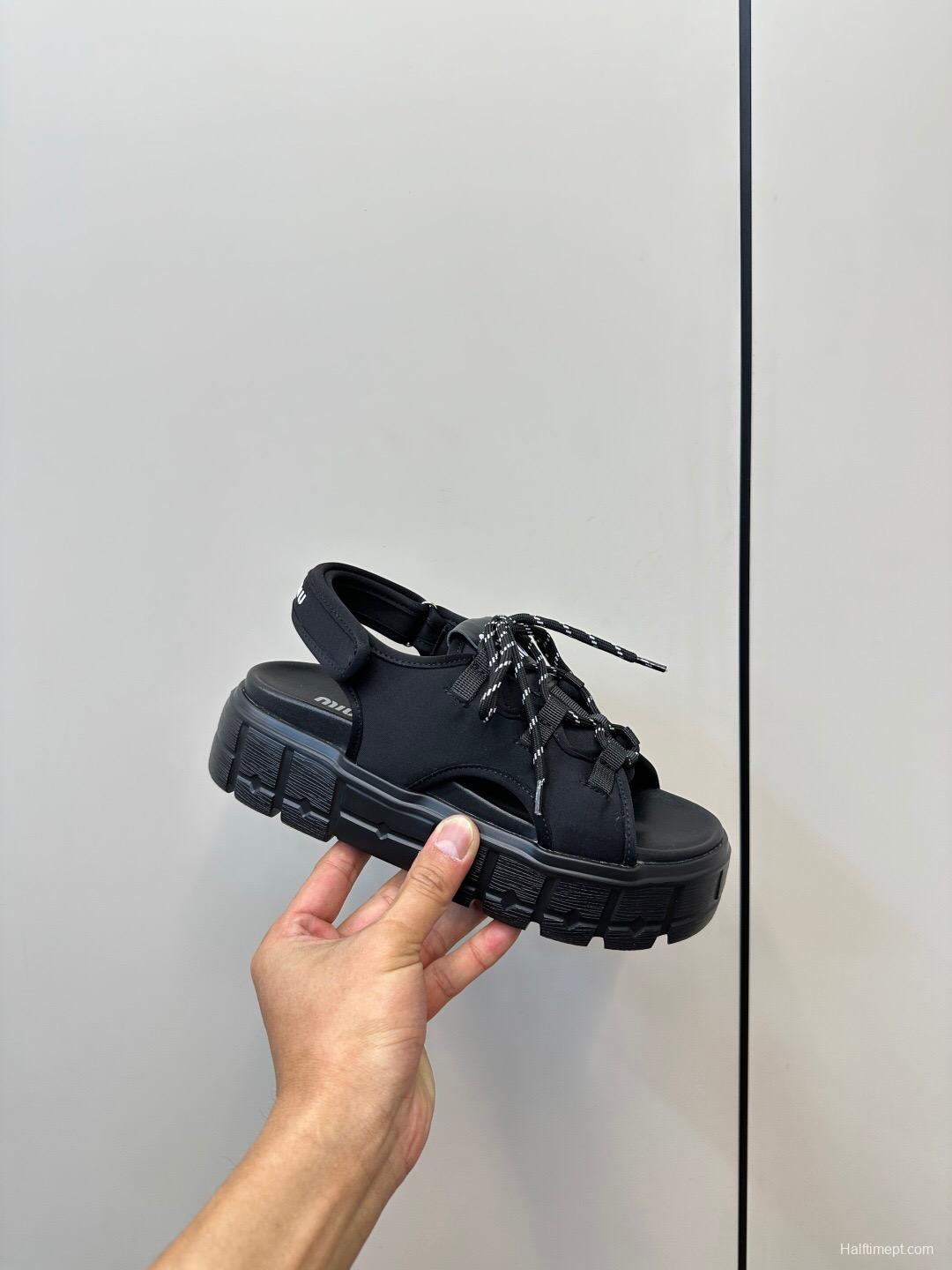 2025 Women Miu Miu Black Leather Sandals LY00240