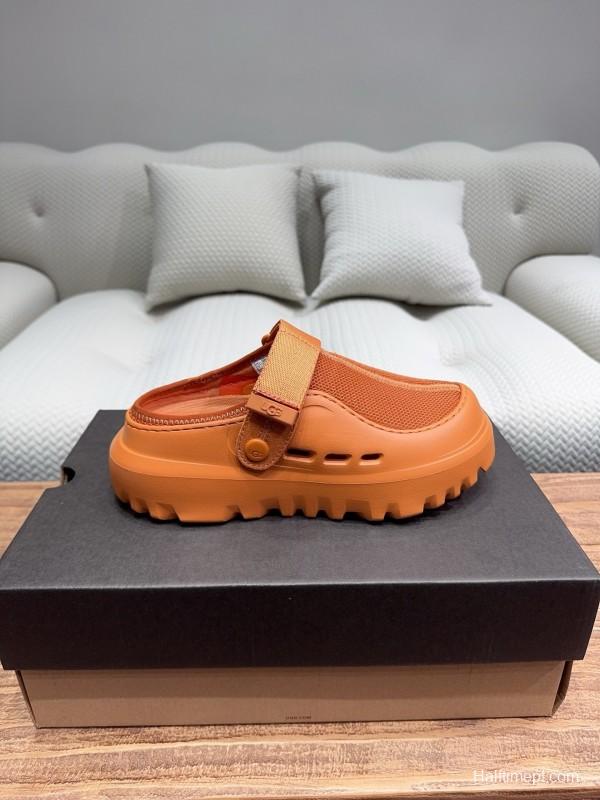 2025 UGG Brown Leather Mesh Slippers KFY00220