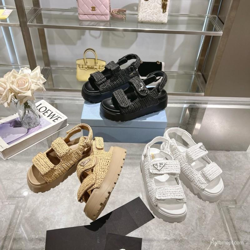2025 Women Prada White Knitted Platform Sandals