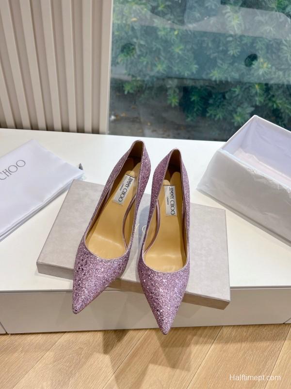 2025 Women Jimmy Choo Pink Glitter Leather Stiletto Pump