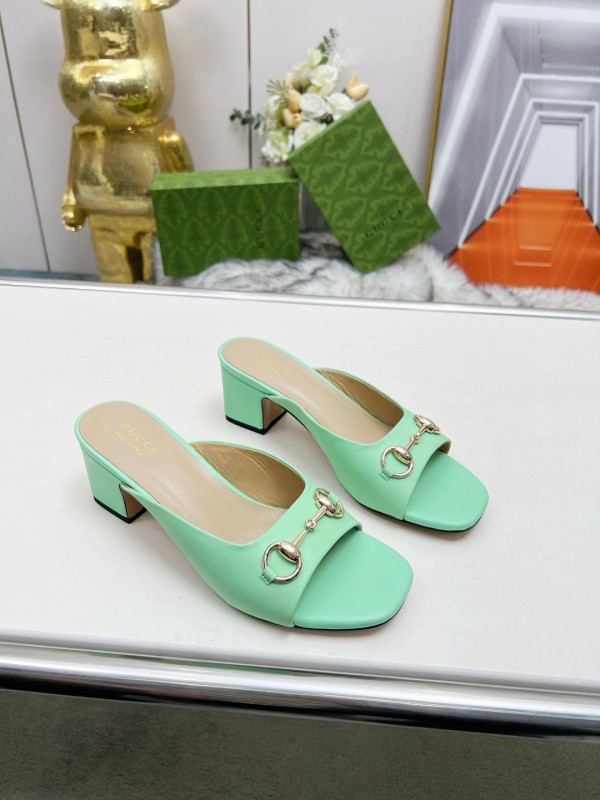 2025 Women Gucci Green Leather Heeled Slippers MJ00180