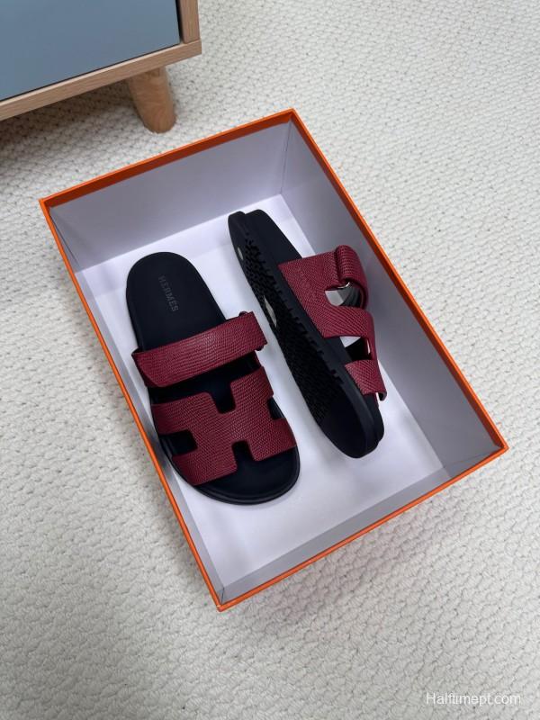 2025 Slippers Hermès Burgundy Black Leather Slide KFY00260
