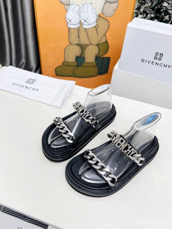 2025 Women Givenchy Black Leather Sandals Chain LY00250