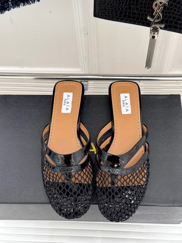 2025 Women AlAIA Black Leather Mesh Flat Mule KFY00260