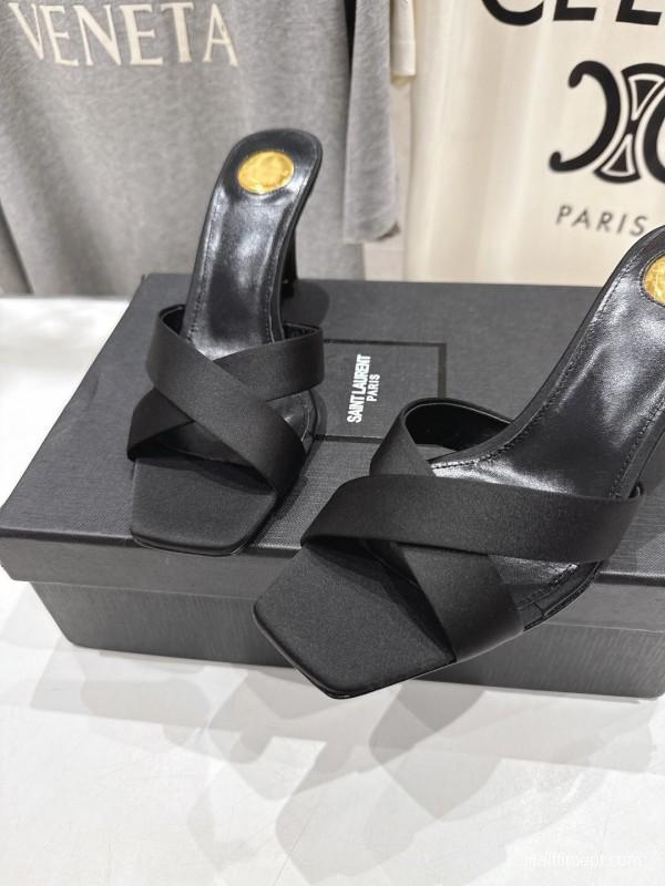 2025 Women Yves Saint Laurent Black Leather High Heel Slide Sandals With Gold Medallion Detail - LY00360(F)