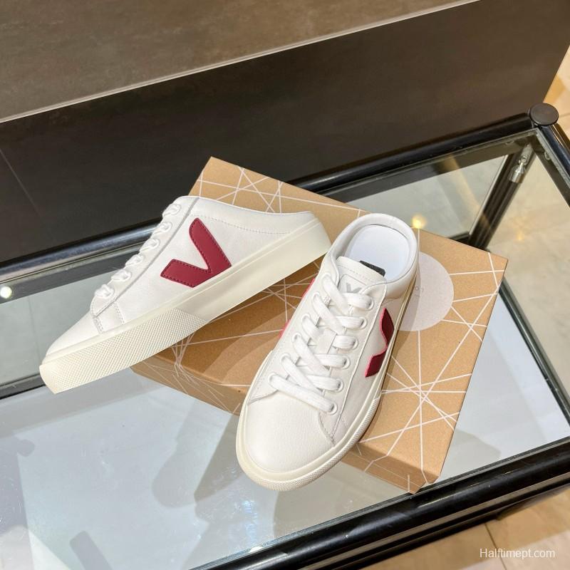 2025 Women VEJA White Burgundy Canvas Leather Slip-On Sneakers
