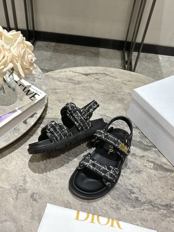 2025 Women Dior Black Fabric Leather Sandals KFY00300
