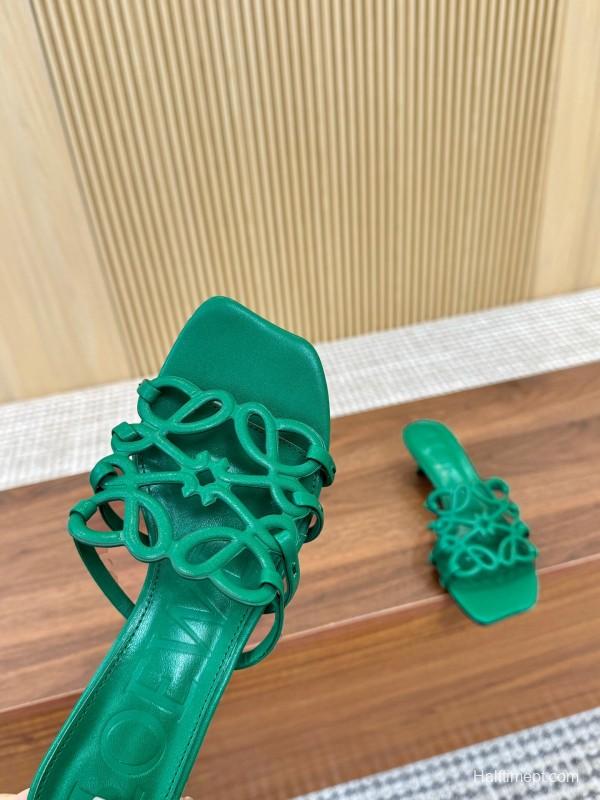2025 Women Loewe Green Leather Heeled Sandals LY00250