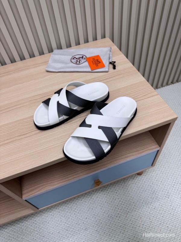 2025 Men Hermès White Black Leather Slippers