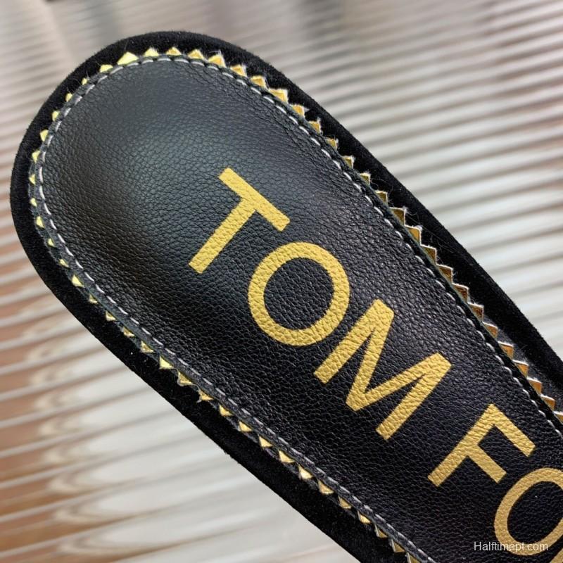 2025 Women TOM FORD Black Suede Leather Pointed Toe Metal Tip Mules