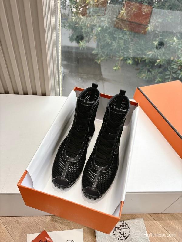 2025 Women Hermès Black Mesh Leather Boots
