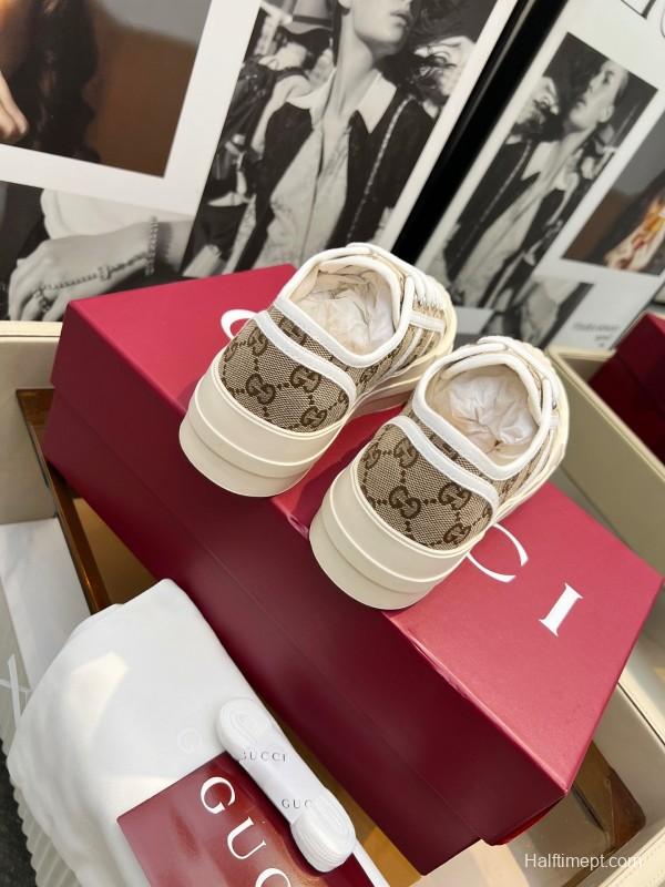 2025 Women Gucci Beige Brown Canvas Platform Sneakers LY00270