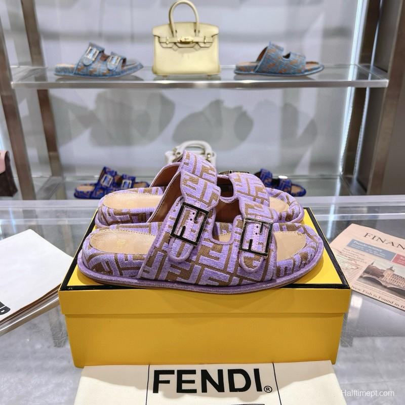 2025 Slippers Fendi Purple Fabric Buckle FF Jacquard MJ00230