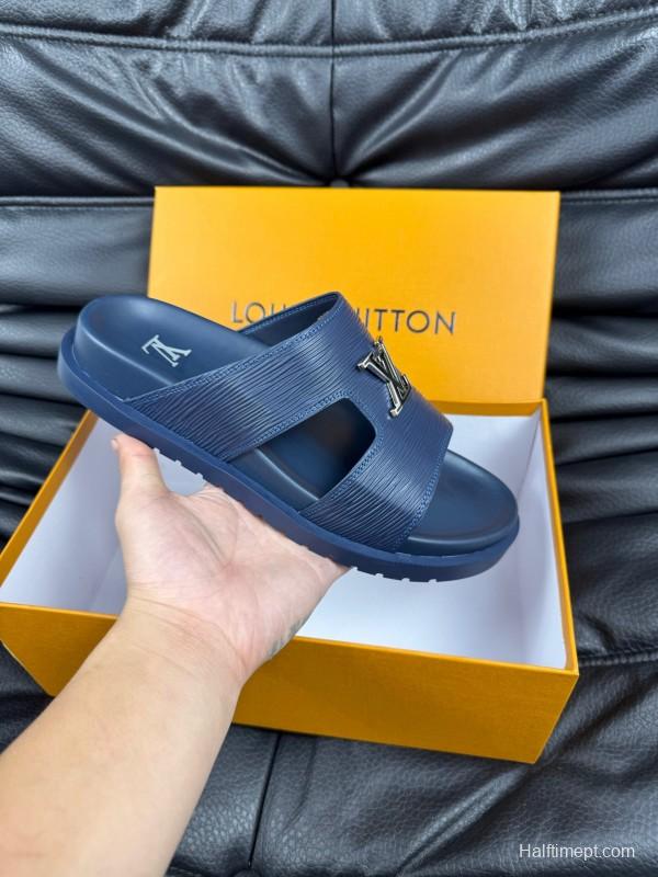 2025 Men Louis Vuitton Blue Leather Slippers AS00170