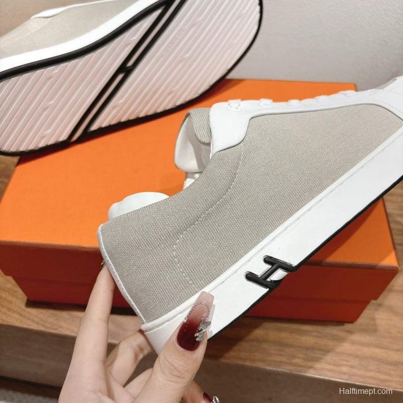 2025 Unisex Hermès White Light Grey Leather Fabric Sneakers AS00380