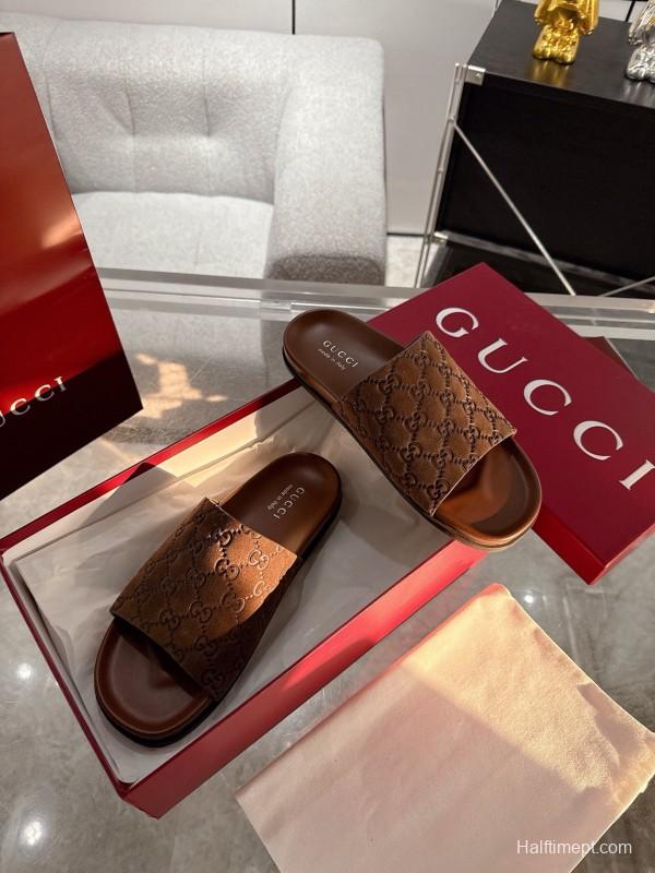 2025 Unisex Gucci Brown Leather Slippers Top Version AS00240