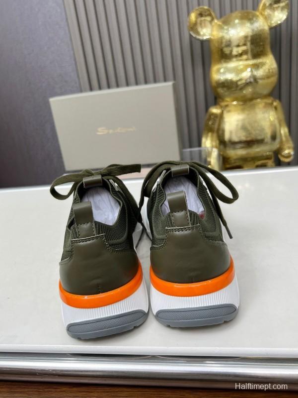 2025 Unisex Santoni Military Green Orange Wool Blend Knit Sneakers AS00320