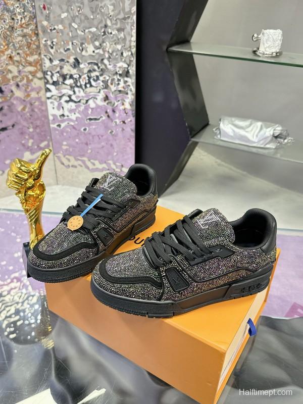 2025 Unisex Louis Vuitton Black Handmade Rhinestone Leather Fabric Plimsolls LV Trainer AS00400