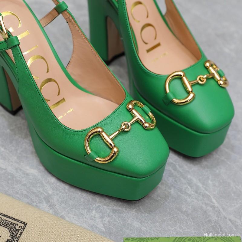 2025 Women Gucci Green Leather Platform High Heels KFY00320