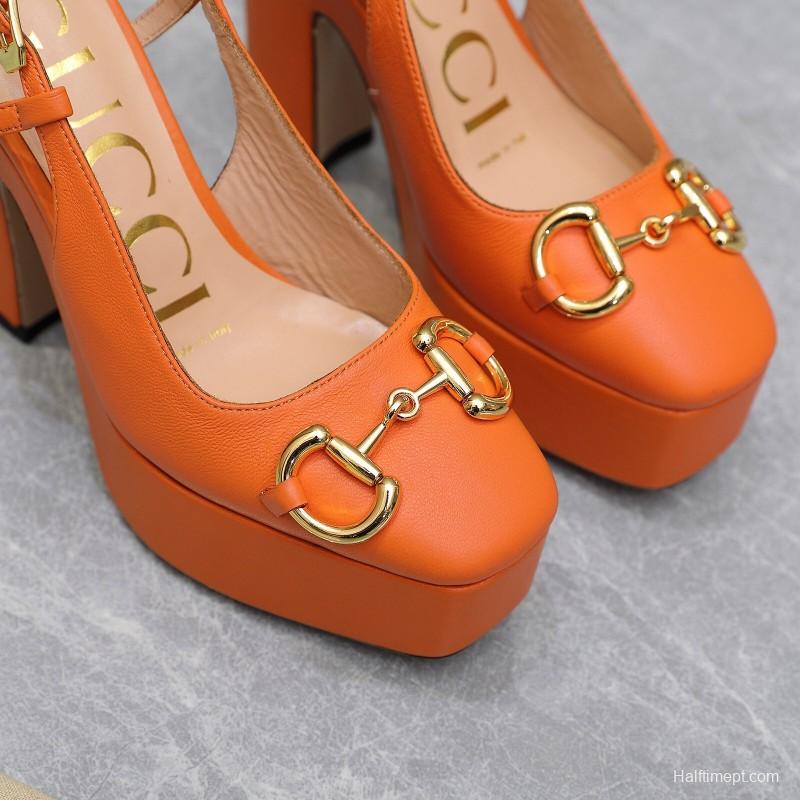 2025 Women Gucci Orange Leather Platform High Heels KFY00320