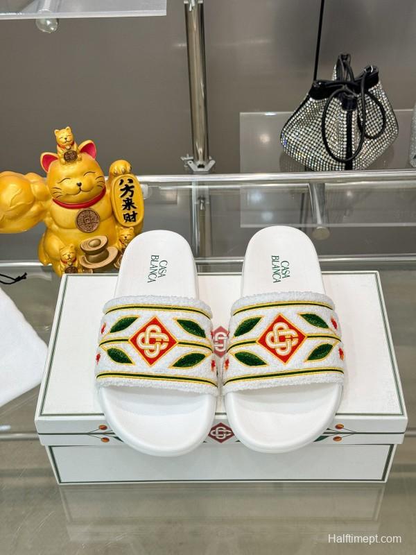 2025 Men CASA BLANCA White Green Red Embroidered Leather Slippers KFY00160