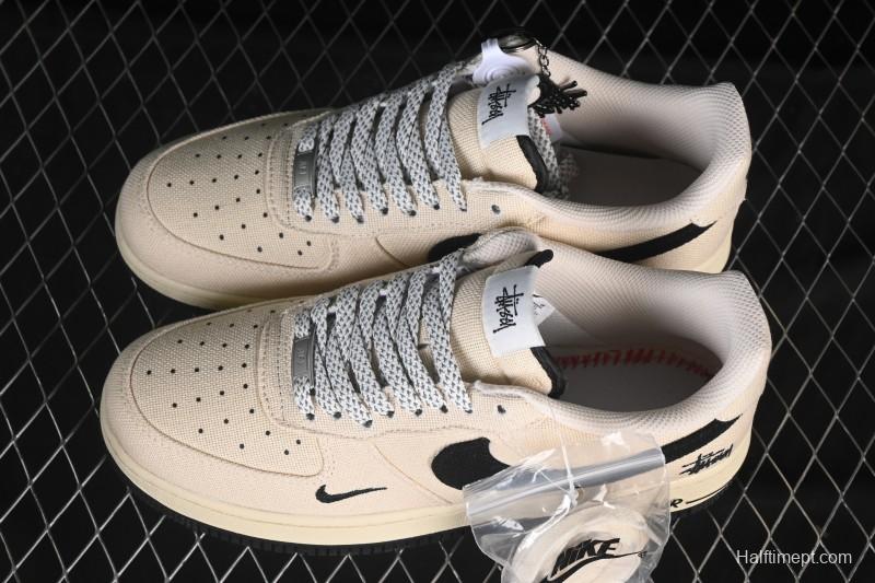 Nike Air Force 1 '07 Low Stussy Collaboration Beige Black Canvas Casual Sneakers - XX3168-155