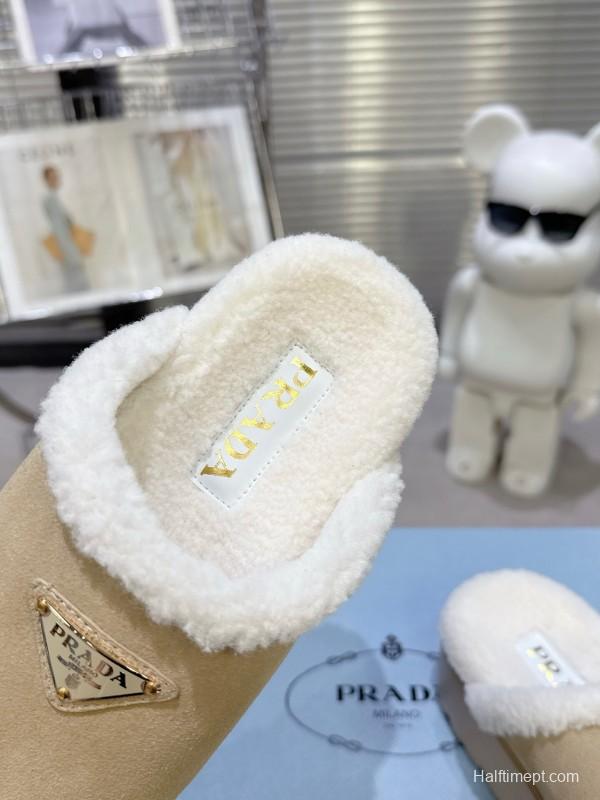 Prada 2025 SS Spring Fur Slippers with Rubber Sole - KFY00280