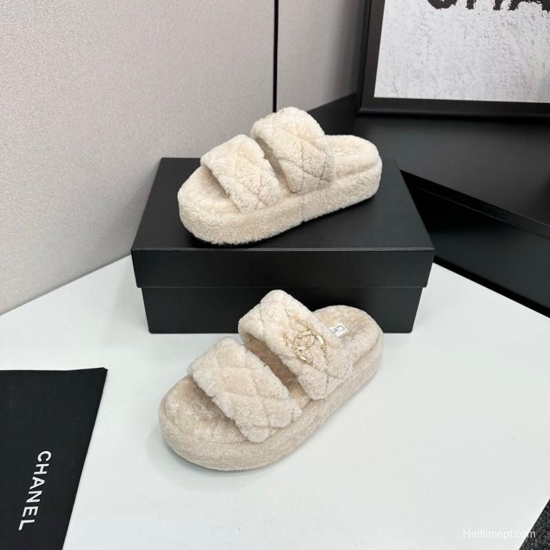 Chanel 2025 SS New Autumn Winter Lazy Sheep Genuine Wool Lazy Slippers Chanel Quilted Thick Sole Fur Slides - LY00300