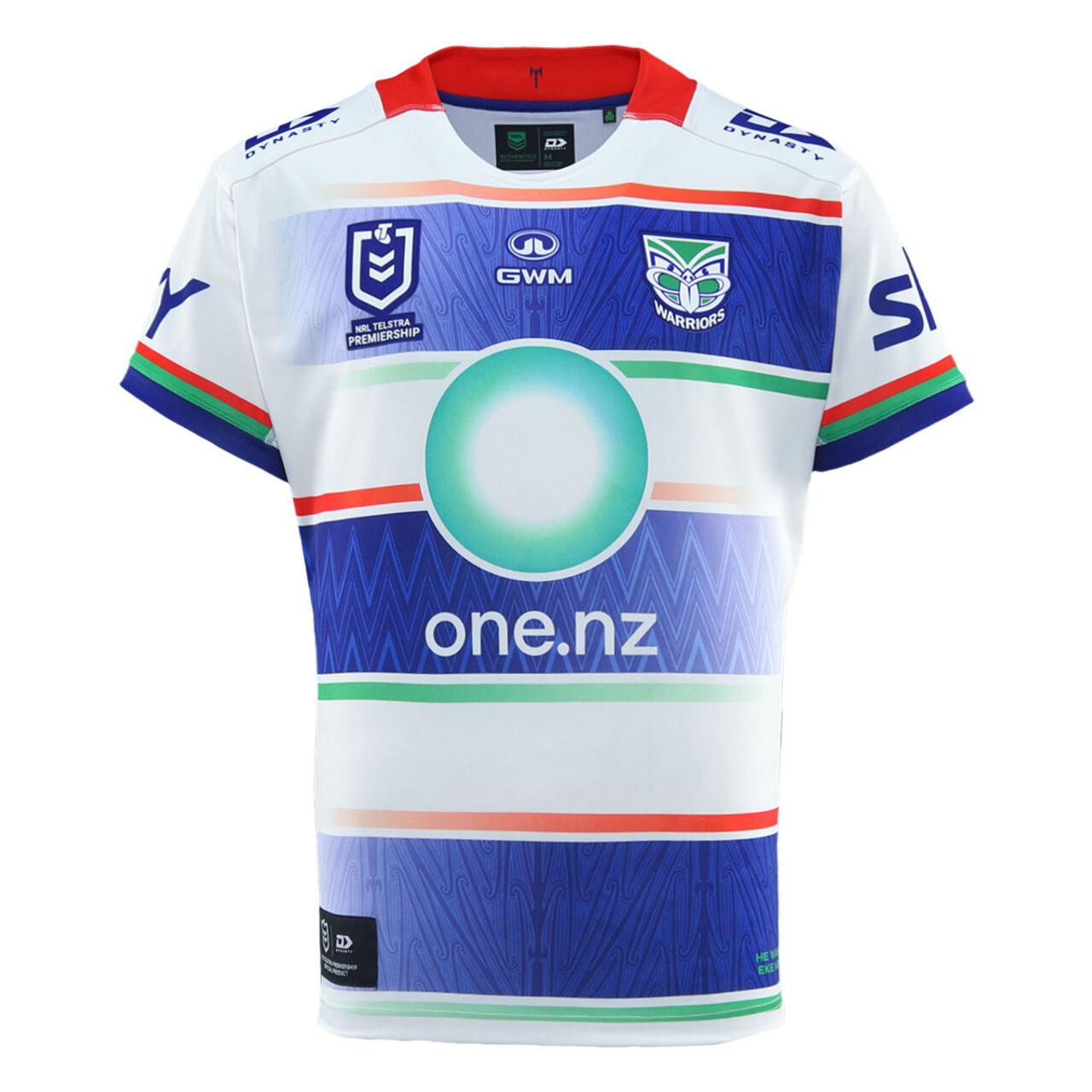 25/26 New Zealand Warriors White with Blue Panels and Circular Gradient Heritage Jersey