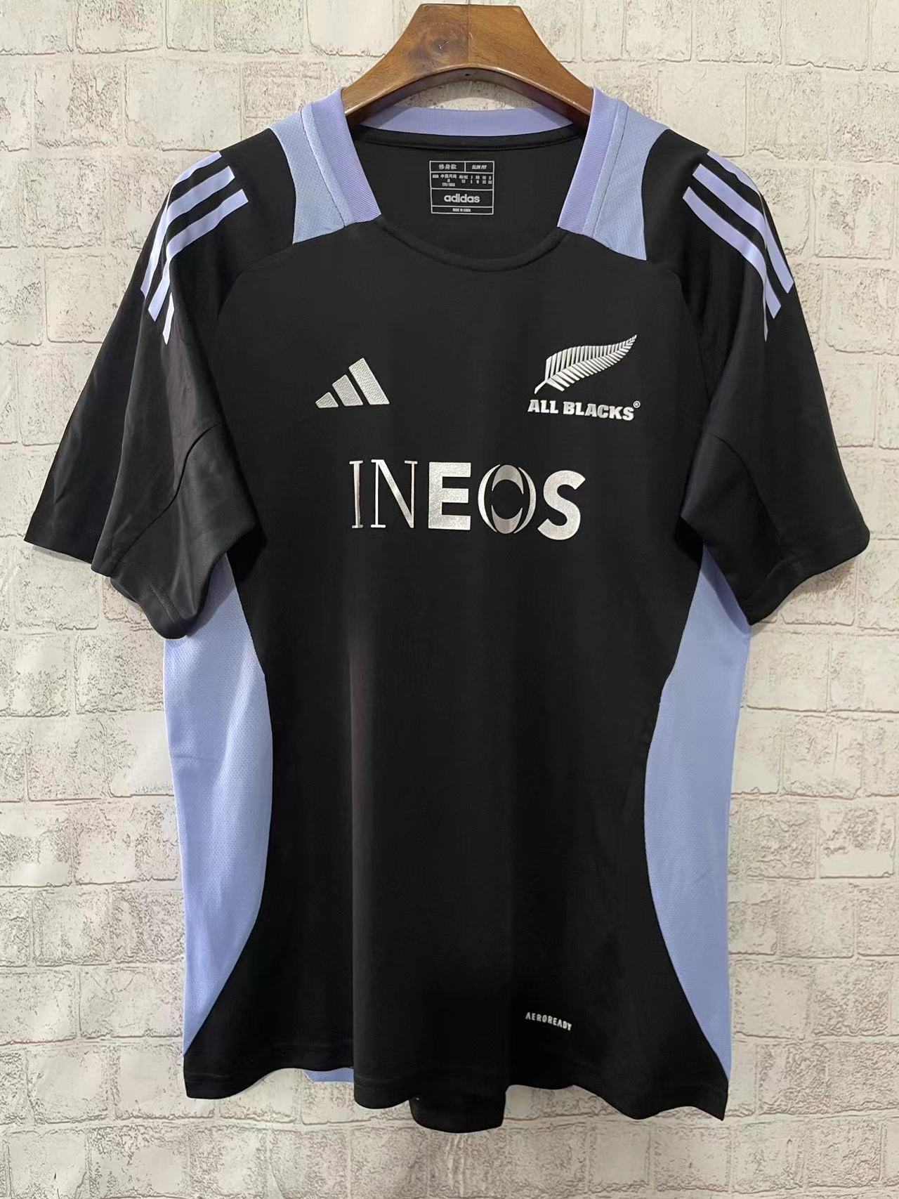 2024 New Zealand All Blacks Black with Light Blue Side Panels and Three Stripes Jersey