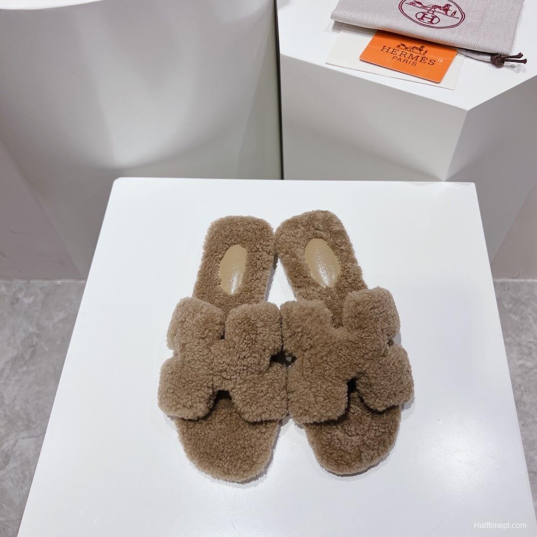 Hermès Teddy Wool H Slippers Flat Fur Slides - LY00240