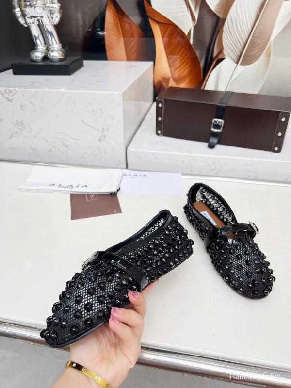 Alaia 2025/SS Beaded Hollow-out Ballet Shoes with Built-in Arch Support - LY00280