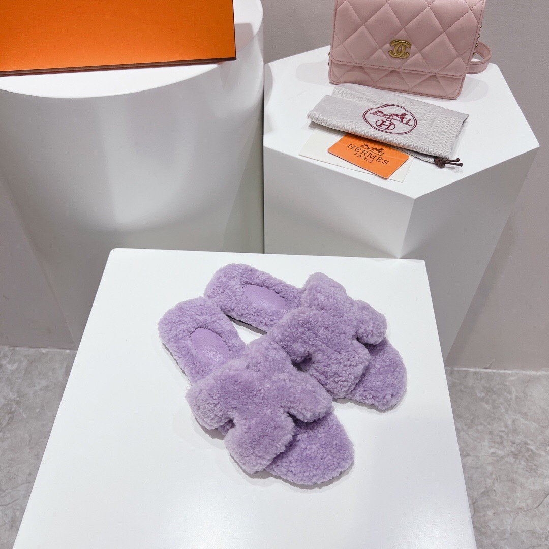 Hermès 2025 SS Teddy Wool H Slippers Flat Fur Slippers - LY00240