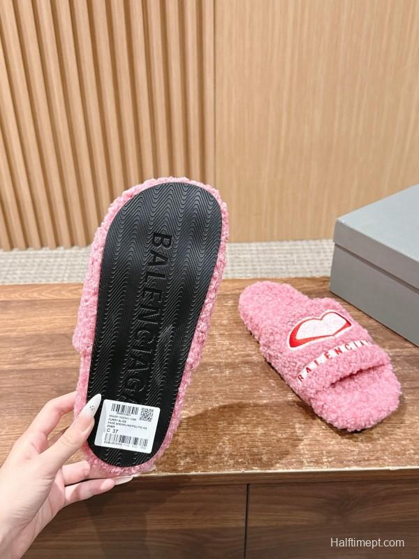 Balenciaga 2025 SS Qixi Limited Series Letter Embroidery Platform Shearling Slippers - AS00200