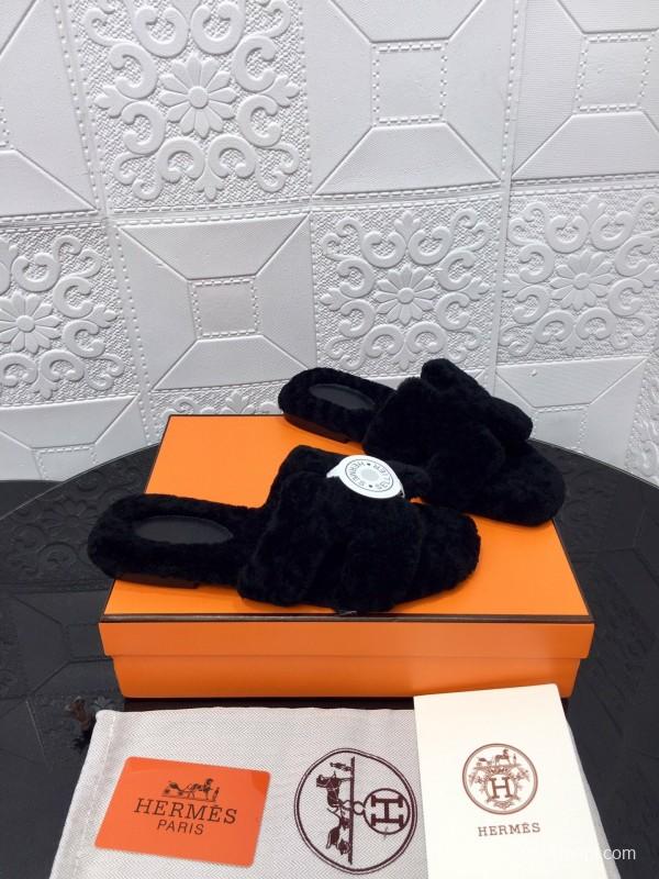 H Teddie Wool H Slippers Flat Sole Fur Slides - LY00240