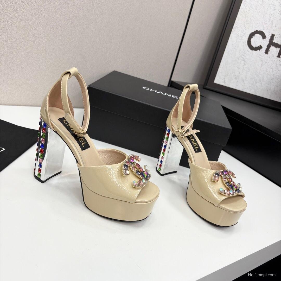 Adidas 2025/SS Little Fragrance Style Nightclub Color Diamond Chunky Heel Square Heel High Heel Waterproof Platform Back Strap Simple Sandals - KFY00350