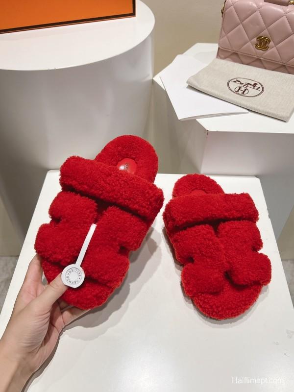 H Love Erjiu Full Wool Slippers with Wavy Fur Design - LY00270