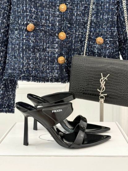 Prada Pointed Toe High Heel Sandals with Triangle Buckle - KFY00280