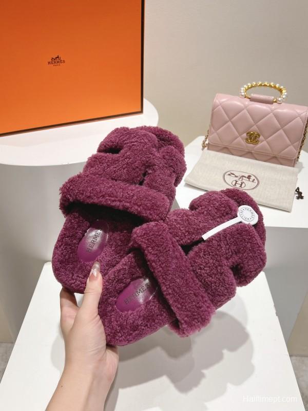 H Love Erjiu Full Wool Slippers with Wavy Fur Design - LY00270