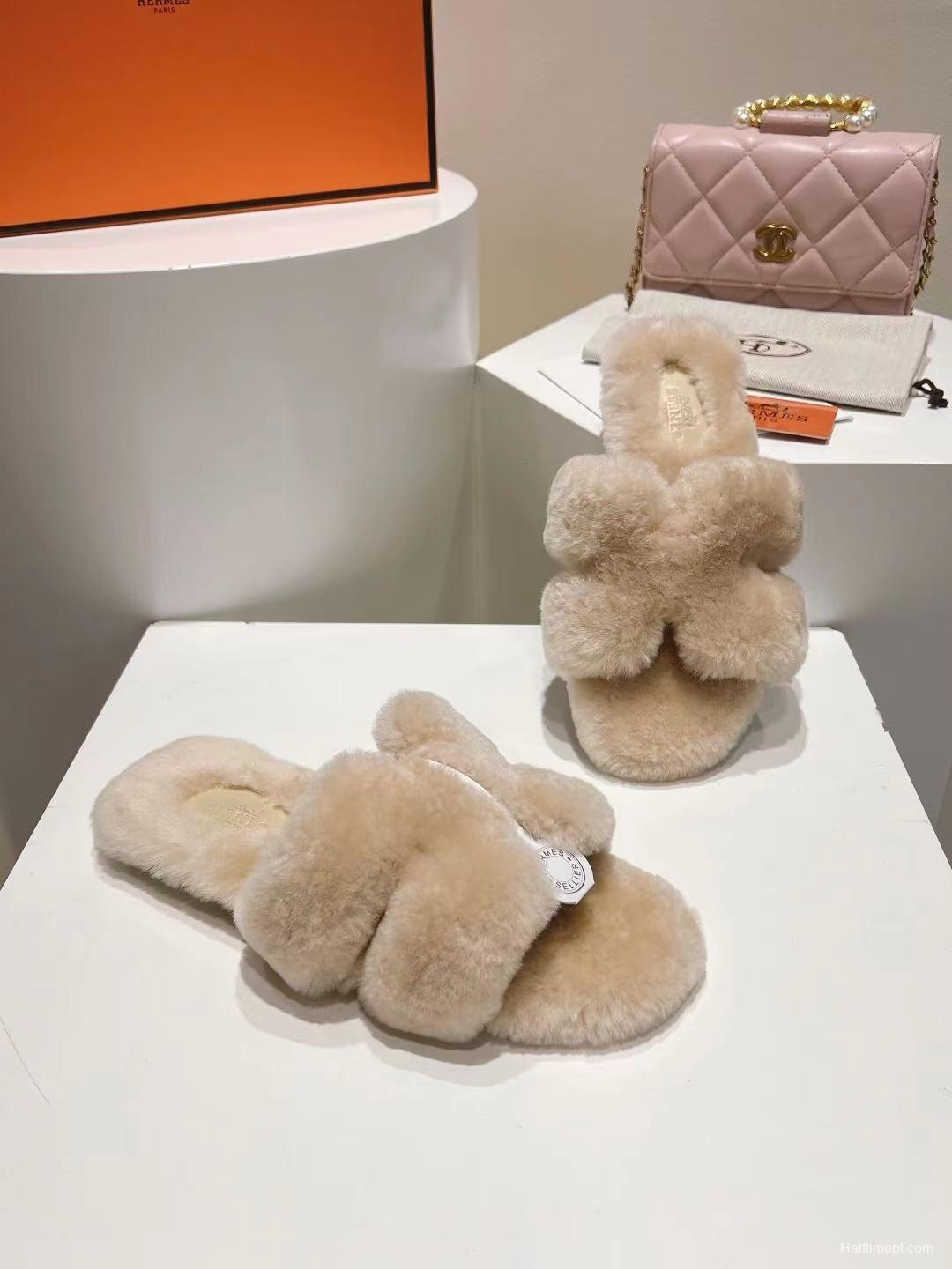 Hermès 2025 SS Autumn Winter Flat Wool Slippers - LY00240