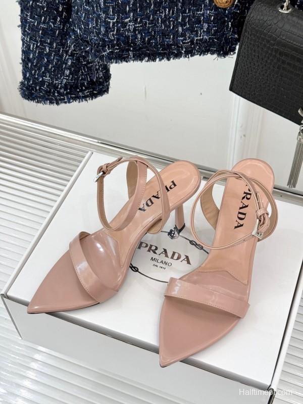 Prada 2025 SS Pointed Toe High Heel Sandals with Triangle Buckle - KFY00280