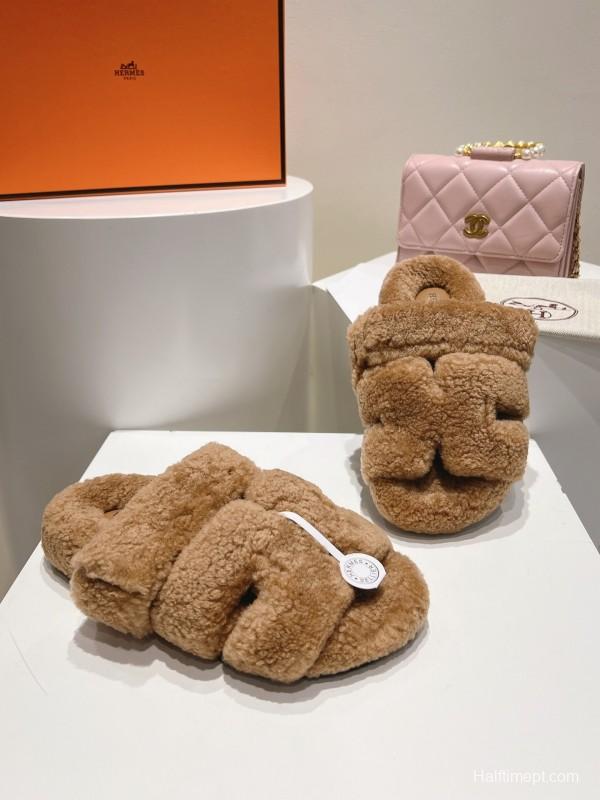 H Love Tulle Full Wool Fur Slippers with Wavy Fur - LY00270