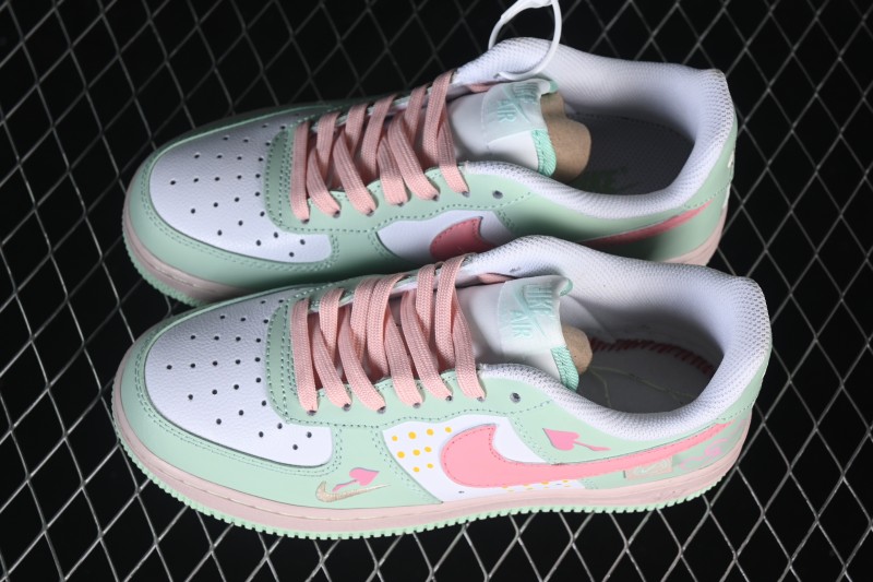 Nike Air Force 1 '07 Low Sneakers with Hand-Drawn Mint and Pink Sweetheart Design - DB3301-909