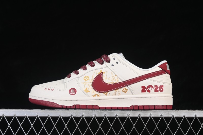 Nike SB Dunk Low Custom White Wine Red Gold Low-Top Casual Skateboarding Shoes - QW5288-110