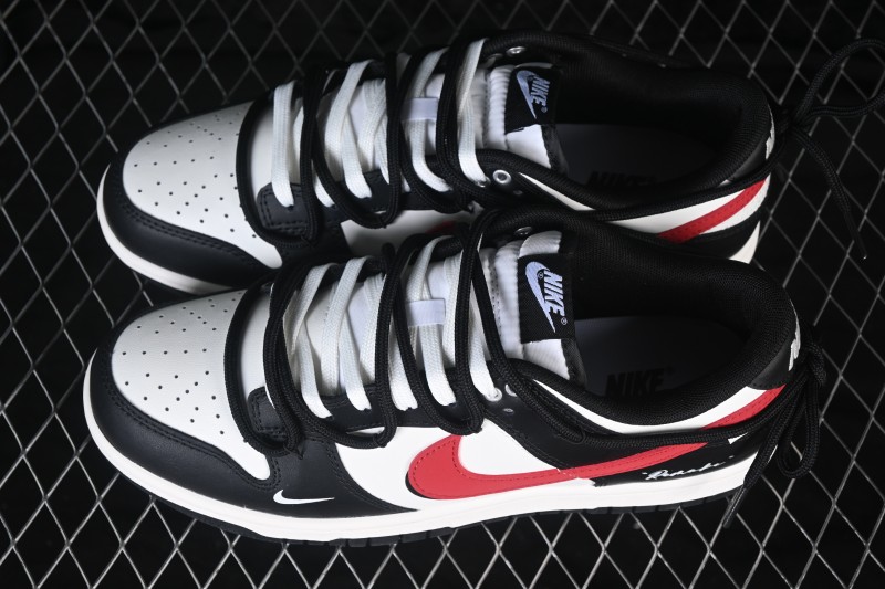 Nike SB Dunk Low Skateboarding Shoes with Black White Red Lace Accents - BR0620-121