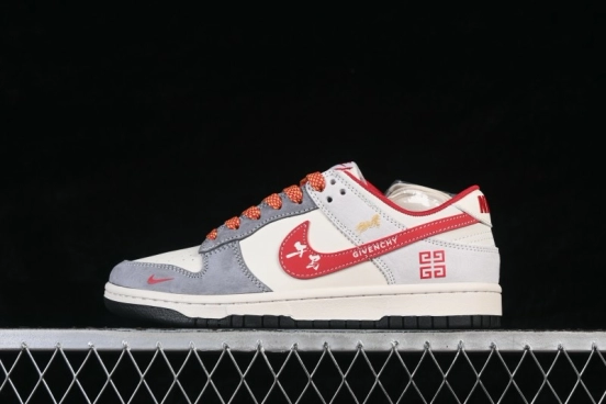 Nike SB Dunk Low Casual Skateboarding Shoes in Grey White Red High-End Custom - JP2026-112