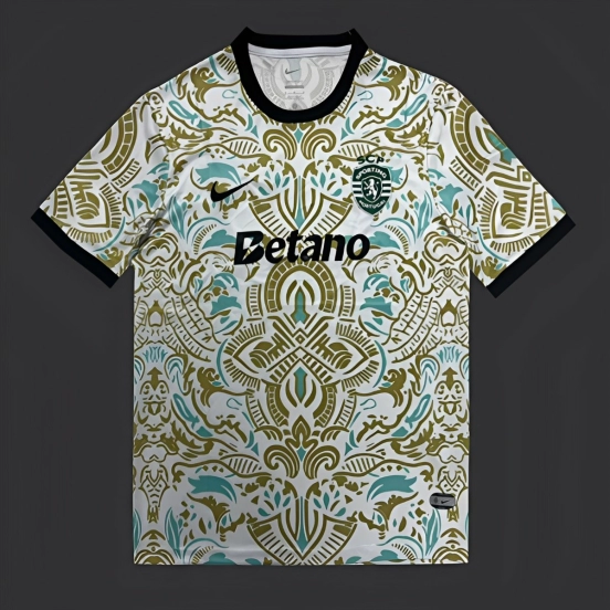25/26 Sporting CP White with Ornate Gold and Turquoise Pattern Jersey